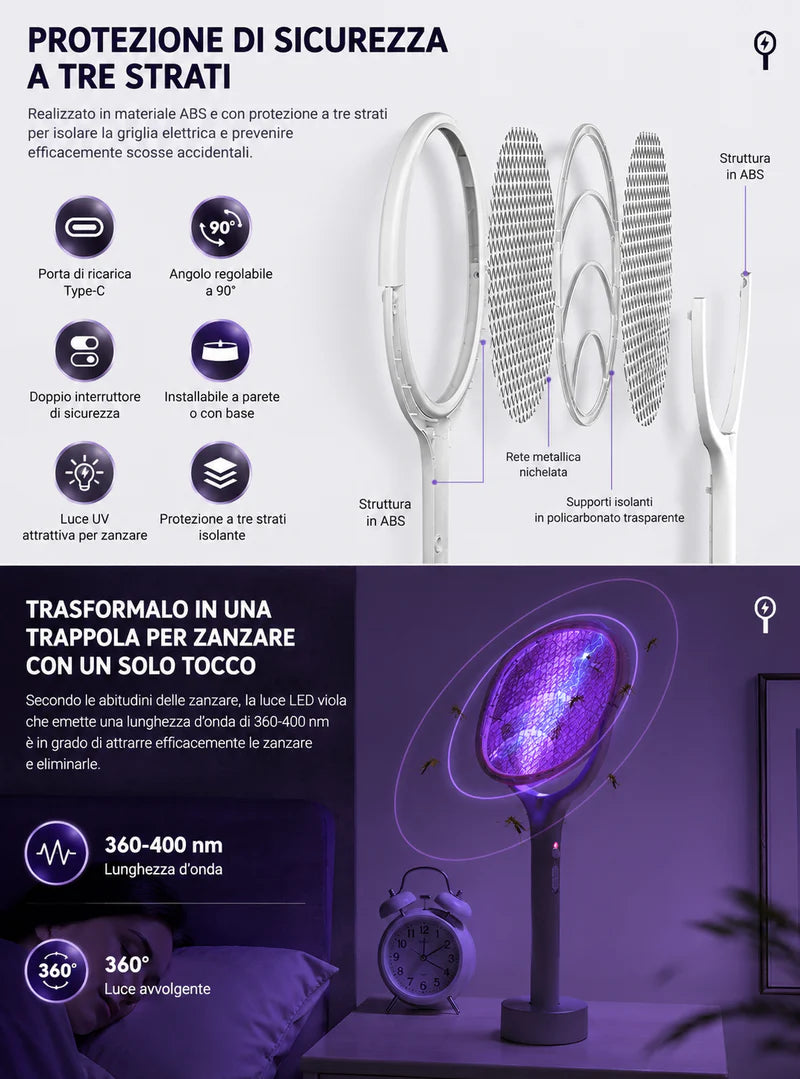 Racchetta Antizanzare Ricaricabile 5 in 1